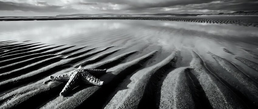 Dramatic black and white seascape with starfish on rippled sand patterns at low tide under moody cloudy sky for coastal and marine themed designs.