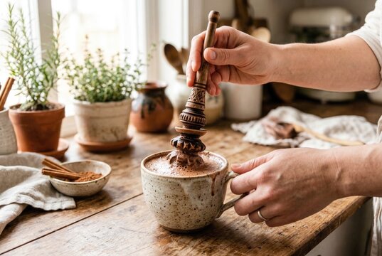 Hand using a traditional wooden molinillo whisk to froth hot chocolate in a rustic mug