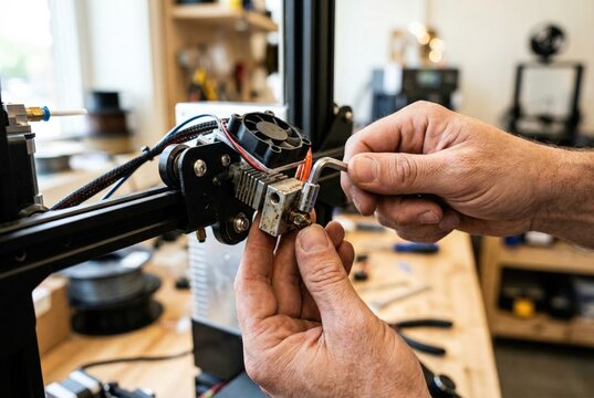 Hands using an allen wrench tool to repair the metal hotend of a desktop 3D printer