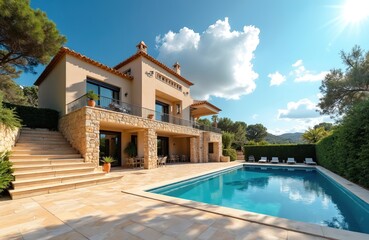 Fototapeta premium Luxury villa with private pool features stone accents and spacious living areas. This Mediterranean residence offers picturesque vacation retreat with balconies and terraces ideal for summer getaways.