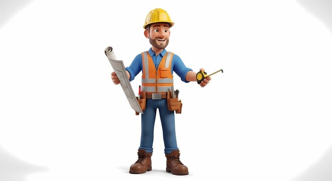 Smiling 3D contractor stands holding blueprint and tape measure