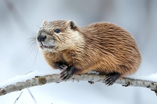 Adorable brown nutria rodent sitting on wooden branch in winter snow, showcasing thick fur and whiskers in natural wildlife habitat setting.