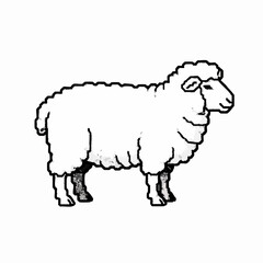 A simple line drawing of a fluffy sheep standing sideways.