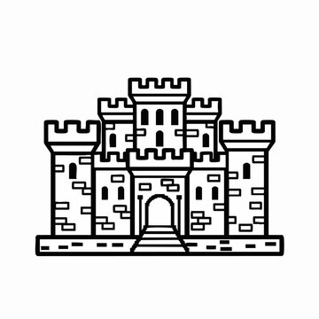 A stylized black and white drawing of a medieval castle structure.