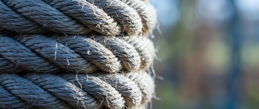 Thick nautical rope coiled in detailed close-up showing natural fiber texture and twisted strands for marine and sailing applications.