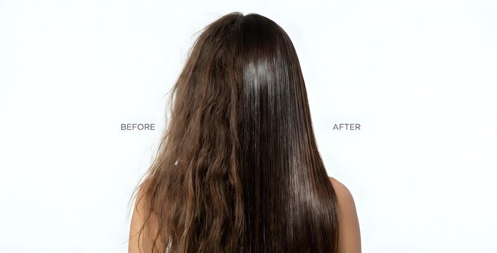 Woman with long brown hair showing before and after hair treatment results on white background for beauty salon advertising.