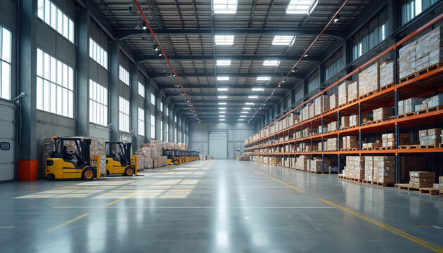Large industrial warehouse interior with high shelves stacked with boxes. Yellow forklifts move goods, preparing for shipping or delivery. Bright natural light streams through large windows.