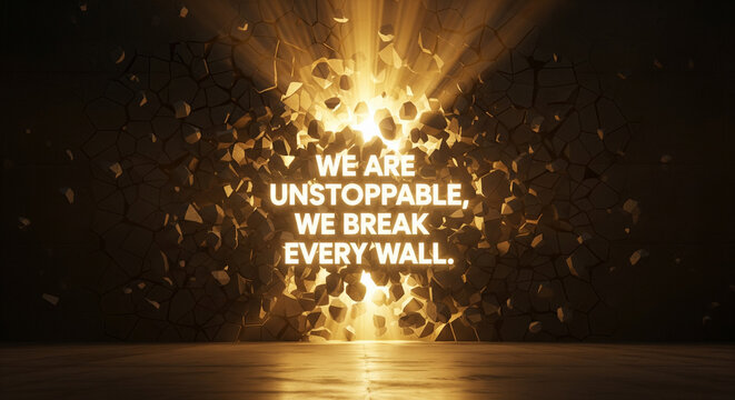 A dark concrete wall shattering to reveal a triumphant golden light with a bold typography quote about being unstoppable and breaking barriers.