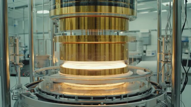 Cryogenic cooling system operates while quantum processor indicators show active computation in progress 