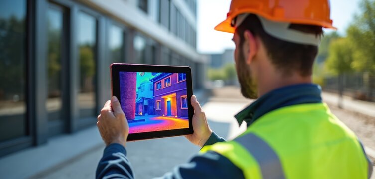 Technician holds tablet showing infrared thermal image of building exterior. He wears safety helmet and vest. Device displays heat loss analysis. Building facade details visible.