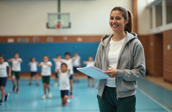 Smiling female teacher holds papers leading PE class in school gym. Children practice exercises on blue court with basketball hoop in background. Young educator supervises active students.