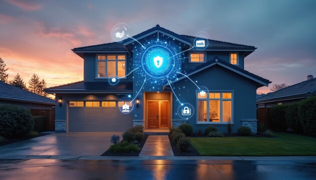 Modern house protected by digital shield. Security system connects to doors windows and locks. Network grid displays data and access control.