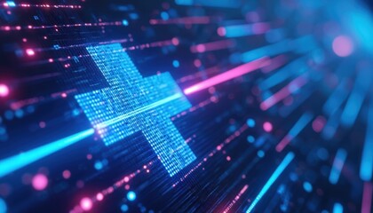 Obraz premium Digital screen shows glowing blue plus sign made of pixels. Abstract background with neon lights and data streams. Futuristic tech display with vibrant colors.