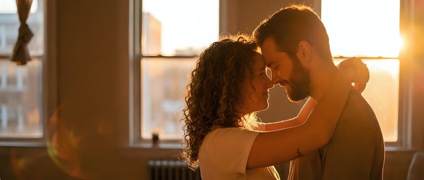Romantic couple embracing intimately in warm golden sunlight streaming through apartment windows during sunset creating dreamy atmosphere for love stories.