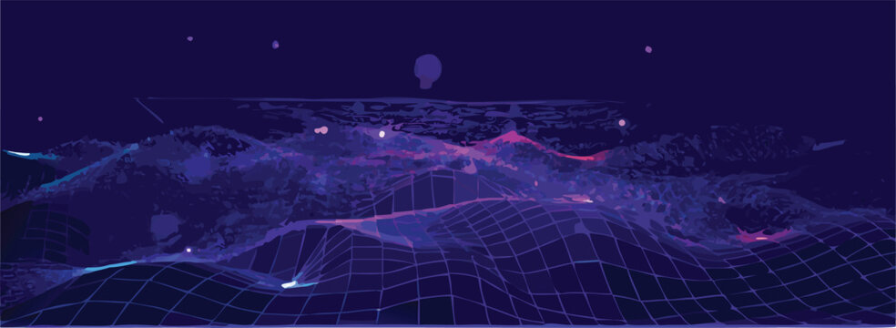 Abstract futuristic digital landscape vector background with glowing purple and pink grid waves, ideal for technology, data, or science-themed designs and presentations