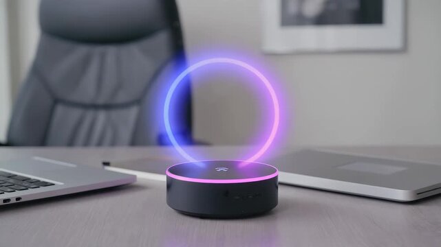 Device light ring activates as voice command is received and speaker responds with information 