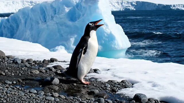 Penguin vocalizes on a pebbly beach with an icy blue iceberg in Antarctica on a sunny day