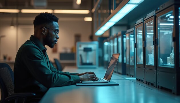 Man with glasses works on laptop at desk in modern lab. Row of 3d printers with glowing lights creates plastic models. Innovative tech research and manufacturing.