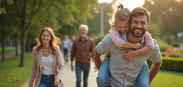 Family enjoys sunny day walking in park. Father gives daughter piggyback ride, mother smiles nearby. Grandfather follows, enjoying nature and outdoors. People bond together happily.