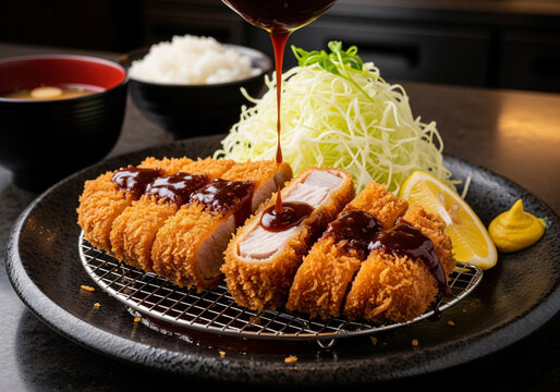 衣がサクサクに揚がった黄金色のとんかつ 肉汁溢れる厚切り豚カツの断面