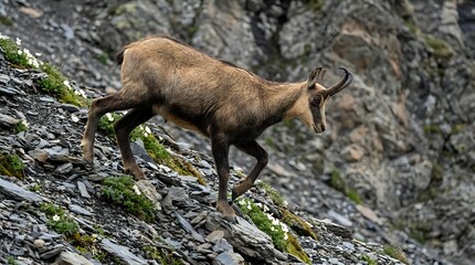 Obraz premium Mountain goat with curved horns climbing on steep rocky cliff face covered with green moss in natural alpine habitat.
