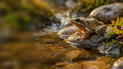 Fototapeta premium Brown spotted frog sitting on mossy rock beside flowing stream in natural wetland habitat during golden hour lighting for wildlife photography.