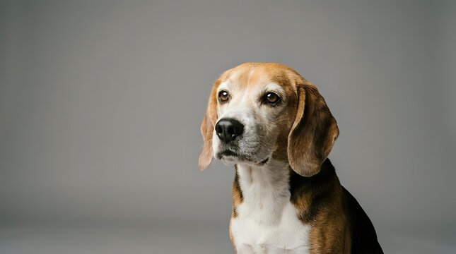 Senior beagle dog portrait with gray muzzle on neutral background showing aging pet with wise expression for veterinary and pet care concepts.