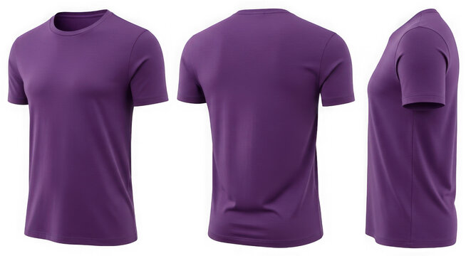 A purple t-shirt shown from the front, back, and side isolated on transparent background