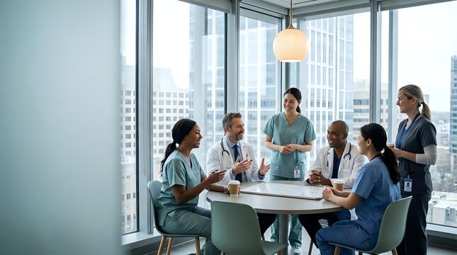Diverse medical team of doctors and nurses having meeting in modern hospital conference room with city skyline view discussing patient care strategies.