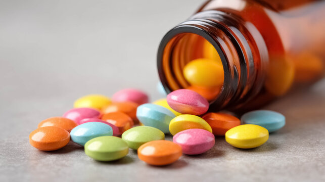 Bottle of colorful vitamin tablets spilled on countertop