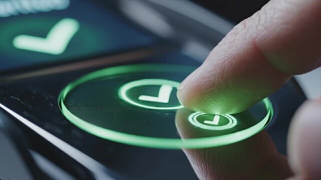Close-up of a finger pressing a biometric scanner on a digital device, displaying a fingerprint pattern followed by a confirmation checkmark, showcasing the progression of the authentication process