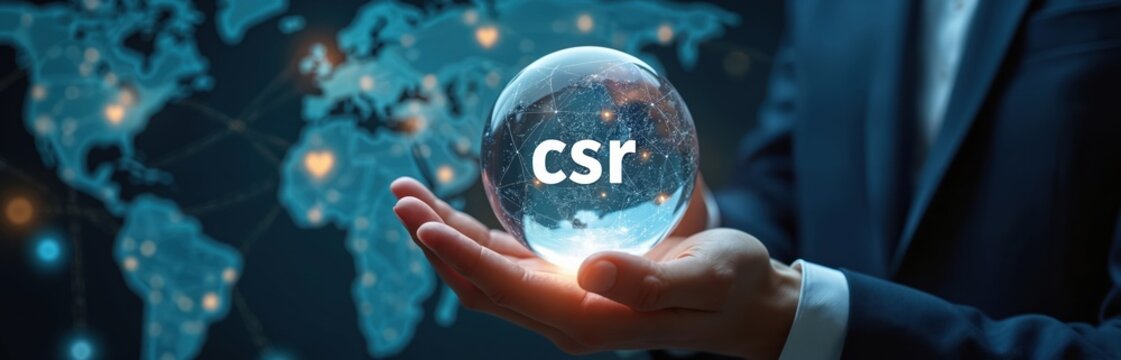 Business hand holds glass sphere with csr text over world map. Global network connection, corporate social responsibility, ethical business, sustainability concept. Future progress in business.