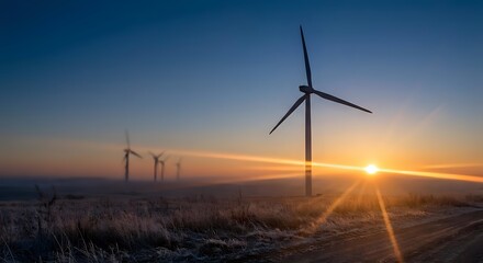 Obraz premium Wind turbines generating renewable energy at sunrise with golden sunlight and clear sky creating sustainable power landscape for environmental projects.