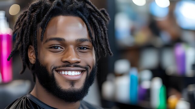 Young African American man with dreadlocks and beard smiling warmly in modern barbershop salon with colorful bottles and professional equipment in background.