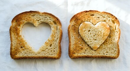 Naklejka premium Two slices of toasted bread with heart-shaped cutouts on white background, perfect for romantic breakfast concepts and love-themed food photography.