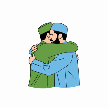 Two Muslim men embracing warmly in a friendly gesture.