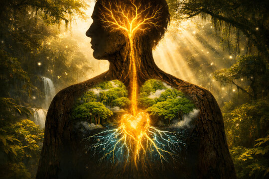 A glowing tree of life grows inside a human silhouette, connecting the heart and mind to a lush jungle. A mystical digital art piece symbolizing unity between man and nature