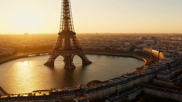 Eiffel Tower partially submerged in water at sunset, with city buildings surrounding 4k