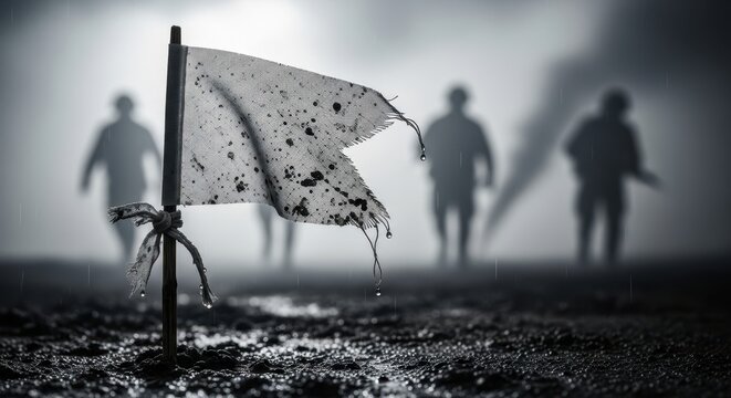 White surrender flag planted in dark battlefield mud with blurred silhouettes of soldiers walking through smoke in the background