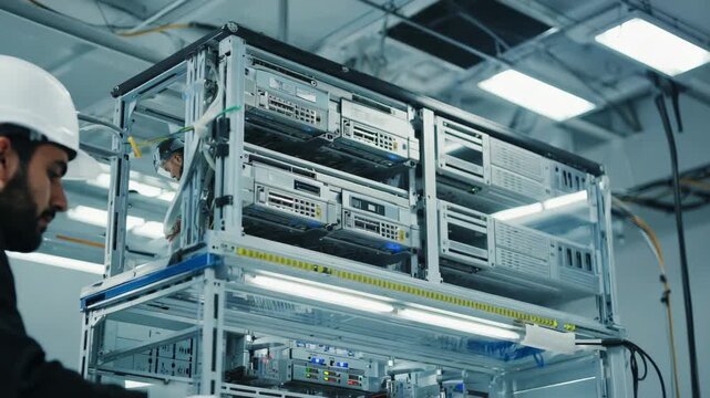 Equipment status lights indicate active operation while camera slowly orbits the compact server installation 