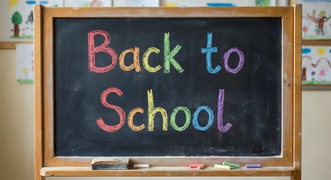 Colorful chalk text Back to School written on blackboard in classroom setting with educational materials and student artwork visible in background.