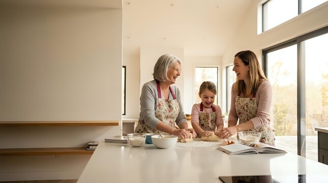Three generation family baking together in modern kitchen. Grandmother, mother and daughter preparing dough for homemade cookies or bread in bright contemporary home.