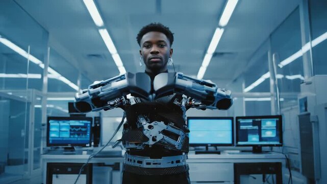  Exoskeleton joints articulate smoothly as wearer walks demonstrating powered assistance and movement enhancement