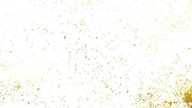 Luxury gold glitter splatter texture with sparkling dust particles scattered on transparent background.
