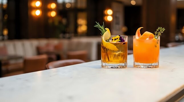 Two craft cocktails with garnishes on marble bar counter in upscale restaurant with warm ambient lighting for hospitality and beverage marketing.