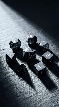 Black polyhedral dice set with white numbers casting dramatic shadows on textured surface for tabletop gaming and role-playing adventures.