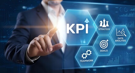 Obraz premium Business professional touching KPI key performance indicator interface with hexagonal icons showing strategy, data analytics, goals and teamwork concepts.