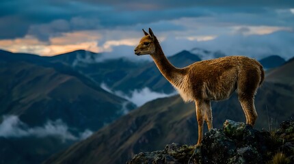 Fototapeta premium Majestic llama standing on mountain ridge at sunset with dramatic sky and valley landscape in background showcasing Andean wildlife in natural habitat.