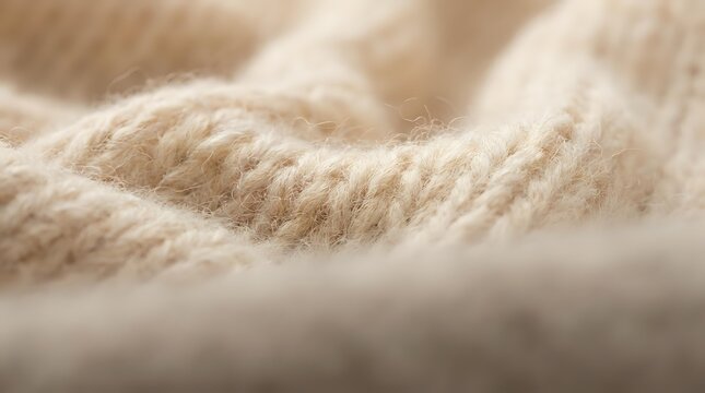 Soft beige knitted wool fabric texture with natural fibers and cozy warmth for fashion design and textile projects.