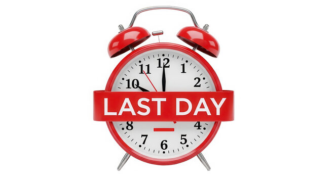 Last day alarm clock with red banner isolated on transparent background